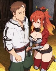 1boy 1girls ai_generated beryl_gardernant brown_hair clothed_female_clothed_male female hairo handjob katainaka_no_ossan_kensei_ni_naru male multicolored_hair smile surena_lysandra