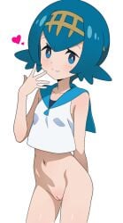 blue_eyes blue_hair blue_sailor_collar blush bottomless breasts bright_pupils female female_focus female_only hairband heart highres human human_female human_only lana_(pokemon) light-skinned_female light_skin looking_at_viewer medium_hair mnkr98 navel nintendo pokemon pokemon_sm pussy sailor_collar shirt simple_background sleeveless sleeveless_shirt small_breasts smile solo solo_female spoken_heart white_background white_pupils white_shirt