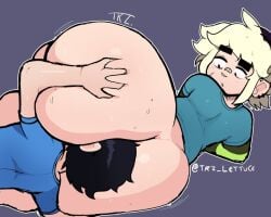 2boys anilingus ass_grab bandage bandage_on_nose big_ass black_hair blonde_hair bottom_heavy brawl_stars ear_piercing ear_piercings fat_ass femboy gay gus_(brawl_stars) huge_butt male male_only rimming rimming_male short_hair