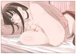 1girls bangs big_breasts black_hair chichi_8181 choker cleavage earrings hand_on_breast huge_breasts laying_down light-skinned_male light_skin looking_at_viewer original original_character pubic_hair red_eyes smiling smiling_at_viewer solo solo_female