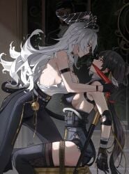 2girls arm_strap bandaged_arm bandages bare_shoulders black_choker black_dress black_gloves black_hair black_horns black_pants black_shorts black_tail black_thighhighs bondage boots bound bound_legs bound_thighs bound_wrists breasts choker curled_horns dress earrings elbow_pads erikvarts eye_contact female_rover_(wuthering_waves) from_side gag gagged gagged_female gloves hair_ribbon high-waist_pants horned_female horned_humanoid horns jewelry large_breasts long_hair looking_at_another multiple_girls pants red_eyes ribbon ribbon_gag rope rope_bondage rover_(wuthering_waves) shirt shirt_tucked_in shorts signature sitting sleeveless sleeveless_dress tail tailed_humanoid thigh_boots thighhighs thighhighs_under_boots tied_to_chair tied_up tight_clothing tight_pants torn_clothes torn_shirt white_hair wuthering_waves yellow_eyes yellow_ribbon yuri zani_(wuthering_waves)