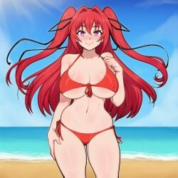 ai_generated beach bikini blush erect_nipples_under_clothes hair_ornament large_breasts long_hair looking_at_viewer naruse_mio navel outdoors purple_eyes red_bikini red_hair self_upload shinmai_maou_no_testament smile solo solo_female standing string_bikini sweat sweatdrop swimsuit thighs underboob