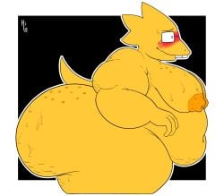 2025 alphys anthro areola artist_name ass big_breasts big_butt black_background black_eyes black_eyewear black_glasses blush bodily_fluids breasts cellulite digital_media_(artwork) eyewear female freckled_breasts freckled_butt freckled_face freckles glasses hi_res huge_butt itsme_hilo lizard nervous nipples nude obese obese_anthro obese_female orange_areola orange_nipples overweight overweight_anthro overweight_female reptile scales scalie side_view simple_background solo standing sweat tail teeth text thick_thighs undertale undertale_(series) yellow_body yellow_nose yellow_scales yellow_tail