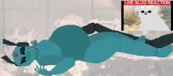 akupara_games animated animated belly belly_bulge digestion laying_down laying_on_back live_slug_reaction looks_to_the_moon_(rain_world) lying_on_back rain_world stomach stomach_bulge stomach_deformation thick_thighs videocult vore vore_belly