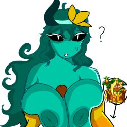 1boy 1girl ? ananas_dragon_cookie black_sclera body_freckles breasts breasts_squeezed_together colored_sclera colored_skin cookie_run female freckles hetero horns huge_breasts icy_(gunkansmile) large_breasts long_hair male nipples nude ocxcanon paizuri penis personification reference_inset simple_background solo_focus sweat teal_hair titfuck titjob uncensored white_background