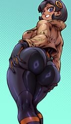 about_to_burst ass ass_too_big barely_contained barely_contained_ass barely_fits black_bodysuit black_gloves black_hair blue_background blue_eyes bodysuit bodysuit_under_clothes breasts brown_jacket bursting_butt commentary_request curvy dark-skinned_female dark_skin emma_(pokemon) female from_below gloves grabbing_own_ass grabbing_own_butt grin hair_ornament halftone halftone_background highres huge_ass imminent_wardrobe_malfunction jacket jing_mian_tu large_breasts latex latex_bodysuit looking_at_viewer looking_down matiere_(pokemon) matiere_(pokemon_legends:_z-a) nintendo orange_gloves pokemon pokemon_legends:_z-a presenting presenting_ass shiny_clothes short_hair sidelocks smile solo standing straining_clothing swept_bangs teeth tight_clothes tight_clothing tight_fit too_tight undersized_clothes undersized_clothing wide_hips