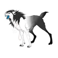 1:1 absurd_res animal_genitalia black_body black_fur black_mane blue_tongue canid canine ears_back fangs feral fully_sheathed fur genitals gradient_fur grey_body grey_fur hi_res male mammal mane msdeadsoul narrowed_eyes open_mouth pivoted_ears sheath side_view signature simple_background solo teeth tongue white_background white_body white_fur