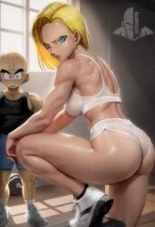 1boy 1girls alternate_hairstyle android_18 bald blonde_hair blue_eyes dragon_ball dragon_ball_z earrings elitenappa female gym krillin kuririn large_ass male muscular muscular_female muscular_male short_hair sweat sweating thighs