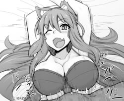 animal_ears arms_behind_head blush bouncing_breasts bow bow_bra bra breasts cleavage cute_fang fate/extra_ccc_fox_tail fate/grand_order fate_(series) fox_ears greyscale isemagu large_breasts long_hair looking_at_viewer lying monochrome motion_lines on_back one_eye_closed open_mouth paizuri paizuri_under_clothes penis skindentation solo_focus straddling straight suzuka_gozen_(fate) uncensored underwear very_long_hair