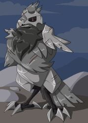 absurd_res beak bedwyr_(linkmasterchief) chest_tuft claws corviknight feathers feet generation_8_pokemon grey_body hi_res male metal nintendo pokemon pokemon_(species) scar shiny_pokemon steel_type talons toes tuft wings