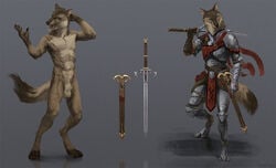 animal_genitalia anthro armor balls blue_eyes brown_fur canine chainmail closed_eyes digitigrade ear_piercing fur male male_only mammal melee_weapon nomax nude open_mouth pawpads piercing sheath solo sword weapon wolf