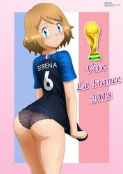 1girls 2018 ass black_panties blonde_hair blue_eyes blush eyelashes female female_only holding human human_only looking_at_viewer looking_back nintendo pajamas panties pink_background pokemon pokemon_xy see-through serena_(pokemon) shirt shirt_pull short_hair standing text watermark world_cup zel-sama