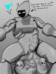 android bones clyde_(jaymesvore) cock_vore cum_digestion death fatal_vore heart imminent_penetration imminent_sex implied_impregnation implied_penetration jaymesvore machine male penis robot robot_humanoid robotic_penis simple_background simple_shading skull text vore