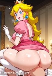 1boy 1girls ai_generated ass back barefoot belliora blonde_hair breasts choker crown day earrings eyelashes eyeshadow feet female female_on_cloth from_behind hi_res jewelry kneeling large_breasts lips lipstick long_hair makeup mario_(series) nipples nude open_eyes open_mouth pink_choker pink_lips princess_peach sitting sitting_on_male_face solo sphere_earrings thick_lips