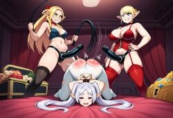 3girls ai_generated arms_behind_back arms_tied arms_tied_behind_back birdawg16 blonde_hair bondage dungeon_meshi elfuda female fff_threesome food frieren frieren_beyond_journey's_end imminent_sex lezdom lezsub lingerie marcille_donato plus-sized_elf red_ass spanked_ass stockings strap-on strapon treasure treasure_chest whip whip_marks whipping whipping_butt white_hair yuri