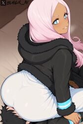 1boy 1boy1girl 1girls ai_generated bl4ck_ai black_hair black_jacket blue_eyes dark-skinned_female enen_no_shouboutai facesitting light-skinned_male male/female pink_hair princess_hibana star_shaped_pupils tagme twitter_username watermark white_pants