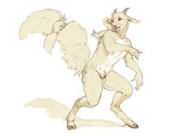 animal_genitalia anthro balls caprine cloven_hooves digitigrade fluffy fluffy_tail goat group hooves horizontal_pupils horn hybrid iora_gabhar iora_rua looking_back male mammal nude oouna red_squirrel rodent sheath squirrel