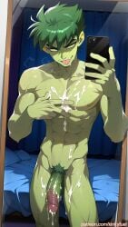 abs ai_generated anime_style beast_boy bedroom cellphone cum_drops cum_on_body cum_on_chest cum_on_leg cum_on_legs dc dc_comics dripping_cum erect_penis gay green_skin kinkyfuel male male_nipples male_only mirror muscular penis pointy_ears post_cum selfie smug_expression solo sweat tongue_out yaoi