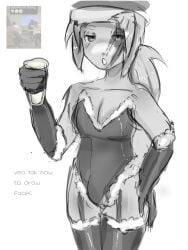 1boy :o absurd_res after_orgasm armwear bad_anatomy black_and_white blush bodysuit breast_milk breasts bulge castle_of_nations clean_shaven cleavage collarbone cum cup dark_clothing erection exposed_cleavage exposed_shoulders femboy feminine feminine_body feminine_clothing feminine_male feminization fur_trim garter_belt glass gloves greyscale hand_on_hip handwear hat heterochromia hi_res high_quality high_resolution highres holding_object implied_erection implied_orgasm karl_(law_of_talos) lactation law_of_talos legwear lingerie long_hair looking_back_at_viewer male male_breasts male_focus male_only milk no_visible_genitalia open_mouth ponytail revealing_clothes santa_dress santa_gloves scar skinny_male sleeveless solo standing stockings submissive submissive_male switch text thick_thighs thighhighs thighs twink voluptuous voluptuous_male white_background