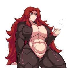 1girls abs alternate_body_type beefcake blue_eyes bodysuit cigarette covered_nipples erect_nipples_under_clothes female female_abs female_only gebura_(lobotomy_corporation) heterochromia huge_breasts light-skinned_female littleteze lobotomy_corporation long_hair muscles muscular muscular_female project_moon red_hair scar scars smoke smoking smoking_cigarette tagme unzipped_bodysuit yellow_eyes