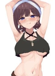 1girls arms_up blue_eyes breasts brown_hair female hololive hololive_gen_0 hololive_japan large_breasts licking_lips looking_at_viewer maker_eator seductive_look seductive_smile tokino_sora tokino_sora_(8th_costume) underboob virtual_youtuber