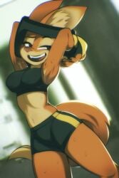 1girls 2025 anthro athletic athletic_anthro athletic_female athletic_wear big_breasts bodily_fluids bra breasts canid canine clothing diane_foxington dreamworks eyebrow_piercing facial_piercing female fingerless_gloves fox gloves half-closed_eyes hands_behind_head handwear headgear hi_res mammal narrowed_eyes nipple_outline open_mouth open_smile piercing red_fox smile solo sports_bra sweat tail the_bad_guys thick_thighs true_fox underwear wildblur