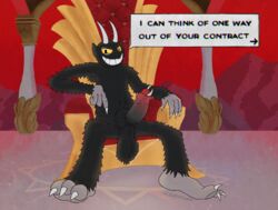 1boy 2017 3_fingers armpit_hair balls ballsack big_balls black_fur body_fur claws cuphead_(game) dangling_testicles demon detailed_background dialogue english_text erection evil_grin foreskin genital_piercing glowing glowing_eyes grin hairy_balls hell horns huge_balls humanoid humanoid_penis intact low_hanging_balls male male_only male_pubic_hair manly masculine master nude_male partially_retracted_foreskin paws penis penis_piercing piercing pointing presenting presenting_penis prince_albert_piercing pubic_hair scrotum scruffymusk shaggy_fur sharp_claws smile smooth_penis solo speech_bubble testicles text the_devil_(cuphead) throne toe_claws tuft uncut yellow_eyes