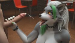 ai_generated anthro anthropomorphic beautiful big_breasts canine crop_top cum_dripping_from_penis cum_on_tongue cumming cumshot female female_focus fit fit_female five_nights_at_freddy's five_nights_at_freddy's:_security_breach fluffy_tail fur furry furry_female furry_only handjob handjob_pov handjob_while_licking in_heat kneeling kneeling_on_ground large_breasts licking_penis looking_at_viewer loving_gaze loving_look orange_eyes realistic restaurant restaurant_setting roxanne_wolf_(fnaf) seductive seductive_gaze seductive_look seductive_smile sexy sexy_body sexy_pose shorts slender_body topwear voluptuous wolf wolf_girl