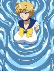 1girls alternate_breast_size angry_face bishoujo_senshi_sailor_moon blonde_hair blue_eyes bow female haruka_tenou headband okra_sticky sailor_senshi_uniform sailor_uranus short_hair slime solo wrapped