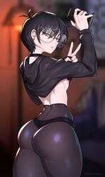 1girls ahoge areolae ass black_eyes black_hair blurry_background clothes_lift emo emo_girl female female_only freckles glasses goth goth_girl hoodie johnfoxart kiki_(anikiki_kun) looking_at_viewer nerdy nerdy_female panties panties_under_pantyhose pantyhose phone round_glasses selfie short_hair small_breasts solo thick_ass thick_thighs tomboy v_sign