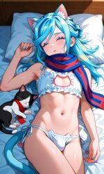 1boy ai_generated bed bed_sheet blue_nails blush bra bulge cat_cutout cat_ears dorm_room feline femboy grusha_(pokemon) lingerie male nails_painted otoko_no_ko panties penis pet pokemon scarf sleeping sleeping_on_bed sleeping_together small_penis thighs tired