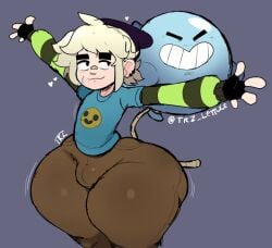 1boy balloon bandage bandage_on_nose big_ass blonde_hair bottom_heavy brawl_stars bulge ear_piercing ear_piercings femboy gus_(brawl_stars) huge_butt male male_only scar scar_on_face short_hair tight_pants