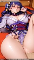 ai_generated ass bangs bare_shoulders blue_nails blush breasts bridal_gauntlets cleavage closed_eyes closed_mouth cuckingmama cum female fingernails japanese_clothes kimono large_breasts long_hair lying mole nail_polish obi off_shoulder on_back purple_hair purple_nails pussy_juice sash smile solo spread_legs sweat tagme thighs