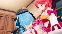 1futa 1girls 3d animated animated_gif blowjob blue_eyes blue_hair censored cum_kiss fellatio female futanari gif green_eyes hololive hoshimachi_suisei intersex light-skinned_female light-skinned_futa light_skin mikumikudance mmd mosaic_censoring penis_out robin00 sakura_miko small_penis