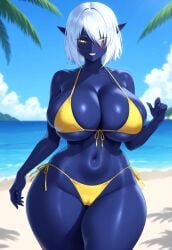 1girls ai_generated beach big_breasts blue_skin blush cameltoe colored_skin curvaceous_figure dark_elf fallen_throne hair_over_one_eye huge_breasts large_breasts navel nualia queen_nualia remington34 short_hair side-tie_bikini_bottom smile thicc_thighs white_hair wide_hips yellow_bikini yellow_eyes