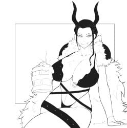 1girls beer big_breasts black_hair clothing costume female female_only horns looking_at_viewer nico_robin one_piece skimpy smile smoxul solo thong underwear