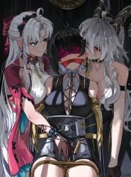 3girls arm_strap bare_shoulders biting biting_ear black_choker black_clothing black_dress black_gloves black_hair black_horns black_pants blindfold blindfolded blindfolded_female blush bondage bondage bound bow breasts carlotta_(wuthering_waves) choker collarbone colored_inner_hair cross-laced_clothes cross-laced_dress curled_horns dress earrings erikvarts female_rover_(wuthering_waves) gagged gagged_female gloves hairband hairbow horns jacket jewelry large_breasts long_hair looking_at_another mole mole_on_breast multicolored_hair multiple_girls pants parted_bangs pink_bow pink_hairband pink_jacket red_eyes ribbon_gag rope rope_bondage rover_(wuthering_waves) shirt sleeveless sleeveless_dress smile striped_bow tied_up torn_clothes torn_shirt white_dress white_hair white_shirt wuthering_waves yuri zani_(wuthering_waves)