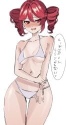 1girls 2d 2d_(artwork) belly blush bra breasts curvaceous curvy curvy_female curvy_figure dialogue embarrassed embarrassed_female female female_only hourglass_figure japanese_dialogue japanese_text kasane_teto mamama_0001 medium_breasts navel panties red_eyes red_hair shiny_skin slim_waist small_waist solo solo_female text thick_thighs thigh_gap thighs twin_drills underwear utau white_background wide_hips
