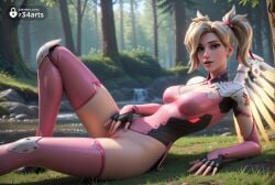 1girls adapted_costume ai_generated angela_ziegler artist_name blizzard_entertainment blonde_hair blue_eyes breasts cleavage female female_masturbation fingerless_gloves forest functionally_nude gloves grass hi_res leotard lips looking_at_viewer lying makeup masturbation mechanical_wings medium_breasts mercy moaning nature nose on_back outdoors overwatch overwatch_2 parted_lips pink_leotard pink_mercy pink_thighhighs pussy pussy_rub r34arts reclining rock rubbing_pussy smile solo thighhighs tree twintails wings