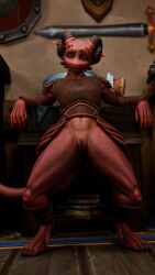 3d_(artwork) 4k 9:16 absurd_res ambiguous_gender anshi anthro armor black_claws blue_carpet book bottle bovid_horn caprine_horn carpet claws container digital_media_(artwork) female female_focus floor furniture genitals green_carpet green_eyes hi_res hipsthicc horn kobold leaning leaning_backward leaning_on_table looking_at_viewer melee_weapon mythological_creature mythological_scalie mythology presenting presenting_pussy pussy ram_horn red_body red_scales scales scalie shield solo spread_legs spreading standing sword table unknown_artist weapon wood wood_floor wood_furniture wood_table yellow_wall