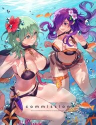 2023 2girls air_bubble alluring alternate_costume anthias_(fish) artist_name big_breasts bikini black_bikini black_swimsuit breasts bubble byleth_(fire_emblem) byleth_(fire_emblem)_(female) cape cleavage commission coral dagger english_commentary female female_only fire_emblem fire_emblem:_three_houses fire_emblem_heroes fire_emblem_warriors:_three_hopes fish flower green_eyes green_hair hair_between_eyes hair_bun hair_flower hair_ornament hair_over_one_eye high_res intelligent_systems knife light-skinned_female light_skin long_hair looking_at_another medium_hair multiple_girls nintendo ocean official_alternate_costume pubic_hair purple_eyes purple_hair sea sea_floorsmile shez_(fire_emblem) shez_(fire_emblem)_(female) starfish sumustard swimming swimsuit tassel thighlet thighs tropical_fish underwater water watermark weapon