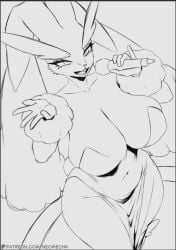 1girls belly big_breasts big_ears breasts bunny_girl clothing dress eyelashes female huge_breasts long_ears lopunny microphone monochrome neo_mecha nintendo pokemon pokemon_(species) rabbit singing solo solo_female tail thick_thighs wide_hips