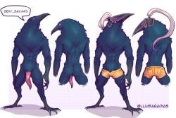 4_fingers abs absurd_res anthro arm_tuft armor artist_name ass avian avian_feet avian_hands beak bell_toll_(lluisabadias) ben_day_dots bird_penis black_body black_feathers clothing dialogue dungeons_and_dragons feathers fingers front_view genitals glowing glowing_eyes hasbro headgear helmet hi_res kenku lluisabadias looking_at_viewer male model_sheet multiple_images nude_anthro penis purple_eyes rear_view shaded shoulder_tuft simple_background small_waist smug_grin solo text tuft underwear wizards_of_the_coast yellow_clothing yellow_underwear