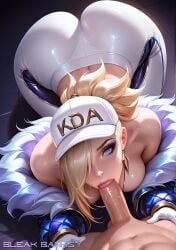 ai_generated akali ass_up bleak_banksy blonde_hair blue_eyes earrings female fur_trim hat jacket k/da_akali k/da_all_out_series league_of_legends leggings penis_in_mouth sucking_penis