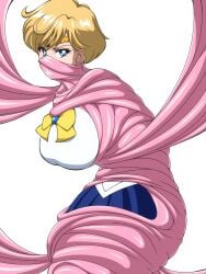 1girls alternate_breast_size bishoujo_senshi_sailor_moon blonde_hair blue_eyes bow female haruka_tenou headband okra_sticky sailor_senshi_uniform sailor_uranus short_hair skirt slime solo wrapped