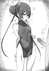 1boy ? absurdres bad_id bad_pixiv_id bare_shoulders blue_archive butterfly_hair_ornament censored china_dress chinese_clothes clothed_female_nude_male double_bun dragon_print dress female greyscale hair_bun hair_ornament halo heart highres kisaki_(blue_archive) long_hair monochrome mosaic_censoring no_panties nude out_of_frame pad_sex_cyclops penis simple_background sweat translation_request twintails twitching twitching_penis white_background