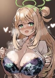 bad_id bad_twitter_id blonde_hair blue_archive blush bra breasts female green_eyes hair_bun halo heart heart-shaped_pupils highres karine_yukari lace-trimmed_bra lace_trim large_breasts long_hair nonomi_(blue_archive) open_clothes open_mouth open_shirt sweat symbol-shaped_pupils third-party_source underwear