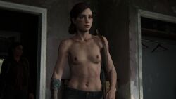 3d breasts brown_hair detailed_background ellie_(the_last_of_us) ellie_williams female female_only hair human nipples partially_clothed scar screencap small_breasts tattoo the_last_of_us the_last_of_us_2 topless video_games