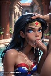1boy 1boy1girl 1girls ai_generated artist_name bare_shoulders black_hair blowjob blue_eyes blurry blurry_background breasts circlet cleavage collarbone cum cum_in_mouth cum_on_body cum_on_breasts dark_skin day dc dc_comics dcau erection facial fellatio gumroad_username hand_on_another's_head hi_res lips long_hair looking_at_viewer male_pubic_hair medium_breasts mole oral outdoors partially_submerged patreon_username penis progenarts pubic_hair runny_makeup solo_focus straight strapless testicles uncensored water web_address wet wonder_woman wonder_woman_(series)