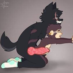 2boys 2d ahe_gao anal anal_penetration anal_sex animal_genitalia anthro belly_bulge belly_button big_dom_small_sub big_knot big_penis black_fur blush brawl_stars brown_fur completely_nude deep_penetration digital_media_(artwork) earrings erection fangs from_behind fur furry gay handjob handjob_while_penetrating hi_res huge_cock inside_viem knot knotting looking_at_another looking_pleasured male male/male male_only mammal masturbation mico_(brawl_stars) monkey nipples nude nude_male oc open_mouth penetration penis penis_in_ass scar scar_across_eye sex sharp_teeth simple_background size_difference socks socks_only stomach_bulge tail tears tears_of_pleasure video_games wolf x-ray